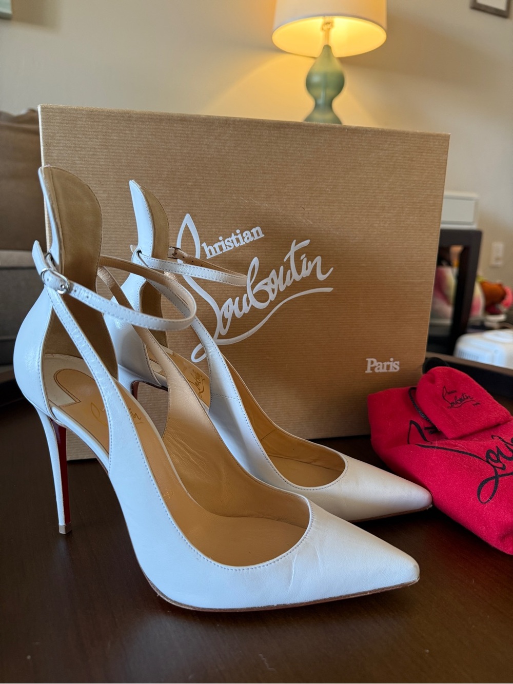 Christian Louboutin White Pointed-Toe Ankle-Strap Stiletto Pumps in Mascara 36.5 - Picture 2 of 16